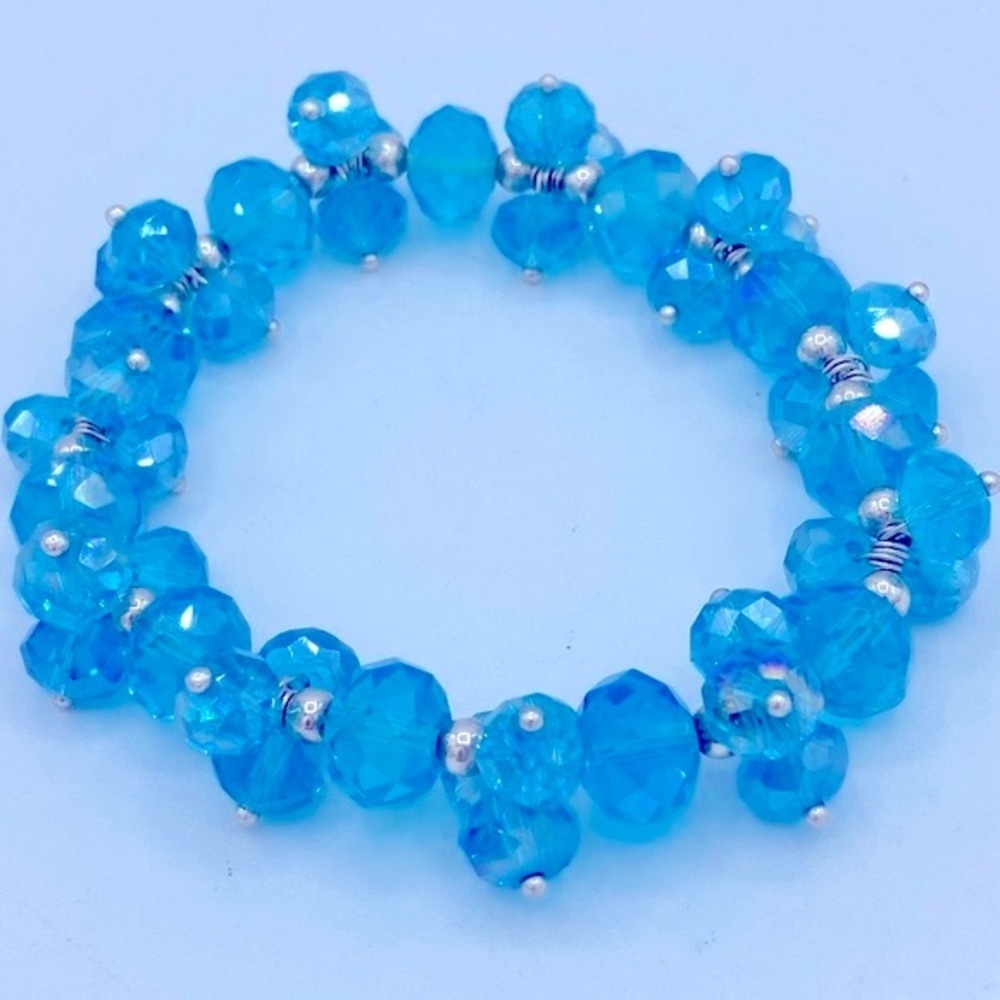 Sparkling Aqua Blue Multi Aurora Borealis Glass Beads And Silver Tone Bracelet